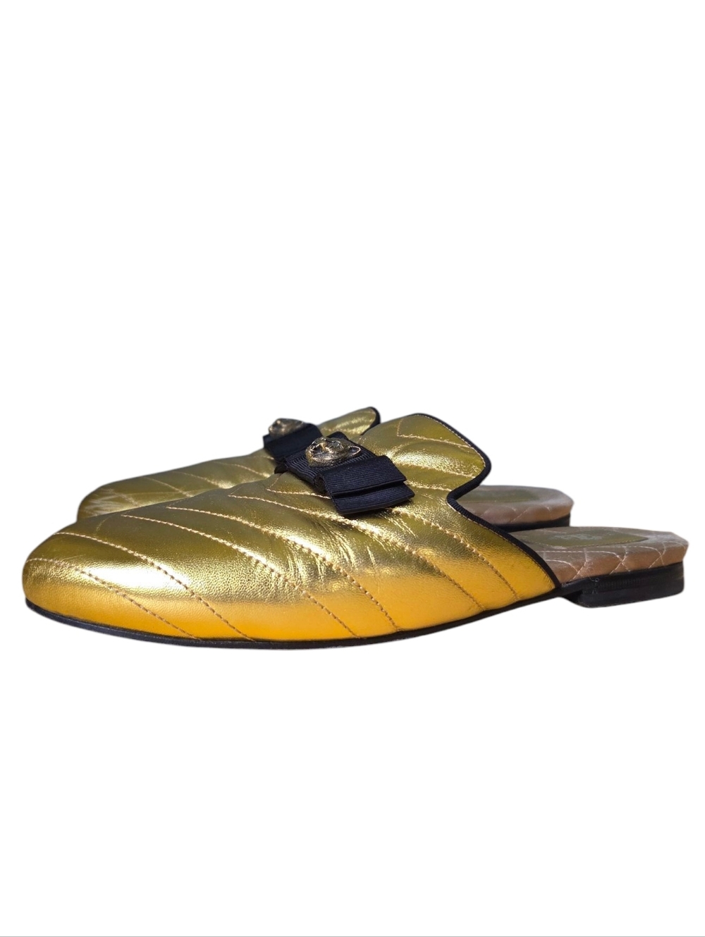 GUCCI Quilted Leather Metallic Gold Mules With Tiger Head And Bow 37.5
